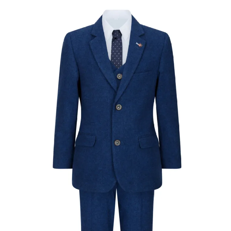 Orson - Boys 3 Piece Wool Suit Blue Tweed 1920s Classic 4 Pocket Waistcoat sold by Tru Clothing