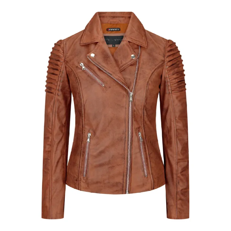 Women's Leather Brown Biker Jacket sold by Tru Clothing