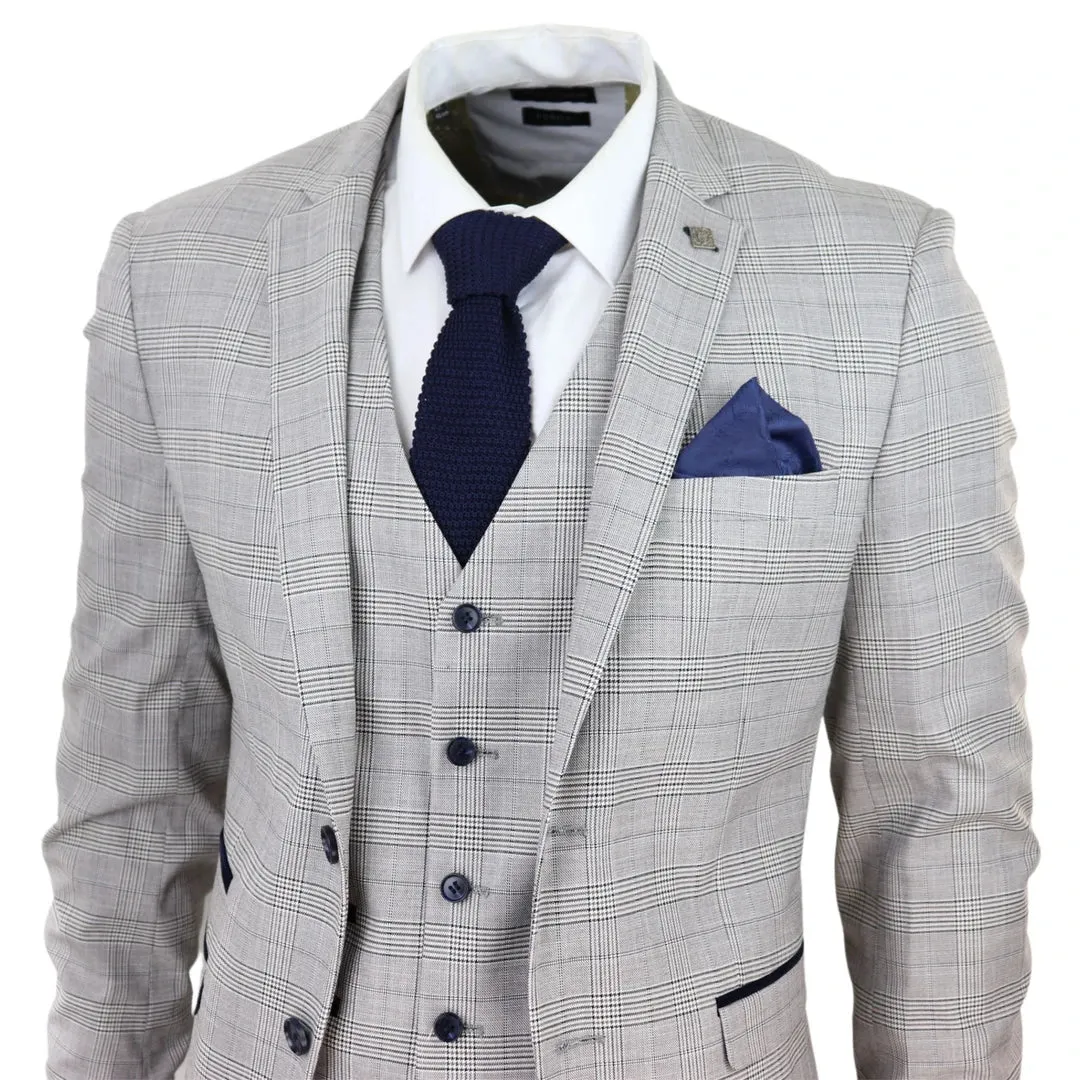 Hugo - Men's Light Grey 3 Piece Suit Navy Blue Check Velvet Trims Wedding Classic sold by Tru Clothing product image thumbnail 4