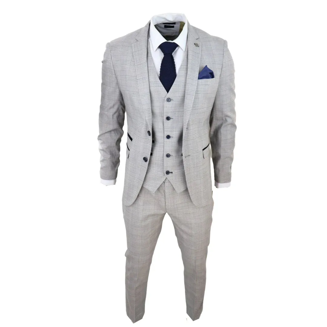 Hugo - Men's Light Grey 3 Piece Suit Navy Blue Check Velvet Trims Wedding Classic sold by Tru Clothing product image thumbnail 3