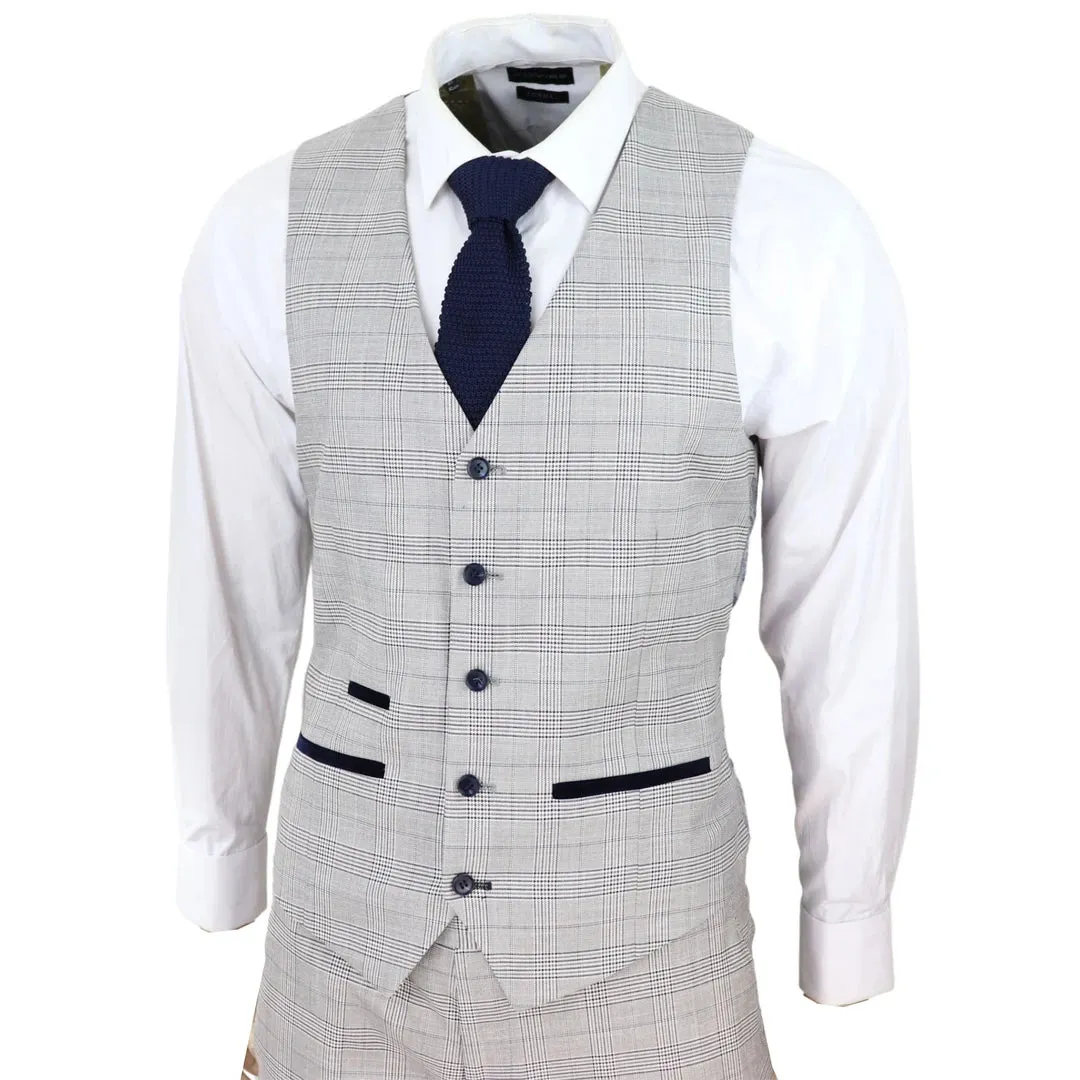 Hugo - Men's Light Grey 3 Piece Suit Navy Blue Check Velvet Trims Wedding Classic sold by Tru Clothing product image thumbnail 5