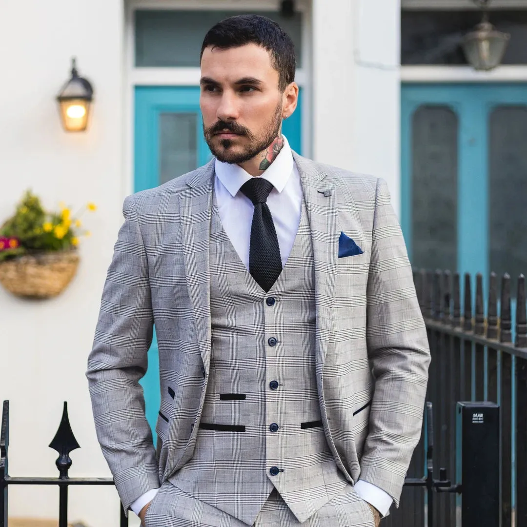 Hugo - Men's Light Grey 3 Piece Suit Navy Blue Check Velvet Trims Wedding Classic sold by Tru Clothing product image thumbnail 2