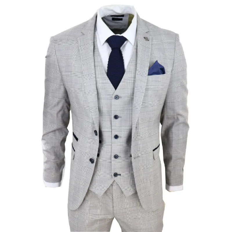 Hugo - Men's Light Grey 3 Piece Suit Navy Blue Check Velvet Trims Wedding Classic sold by Tru Clothing
