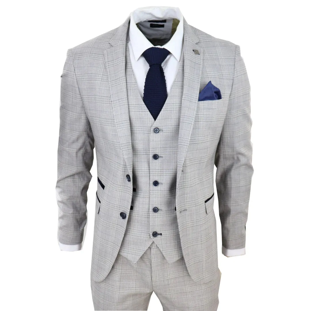 Hugo - Men's Light Grey 3 Piece Suit Navy Blue Check Velvet Trims Wedding Classic sold by Tru Clothing