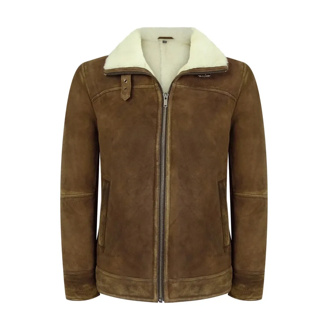 Men's Sherling Sheepskin Suede Jacket Brown Tan Zip Flying Pilot WW2 sold by Tru Clothing