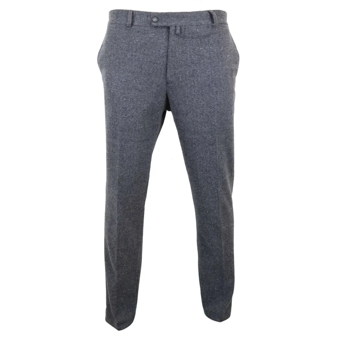 STZ11 - Men's Grey Charcoal Tweed Herringbone Wool Trousers sold by Tru Clothing