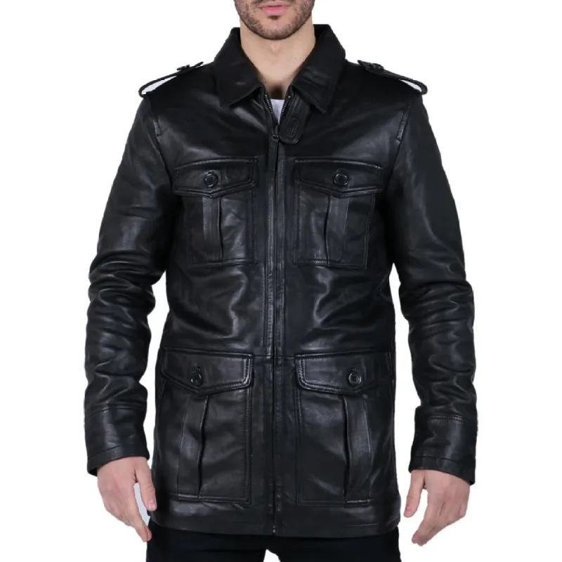 Men's Leather Safari Parka Coat Black Brown Jacket sold by Tru Clothing