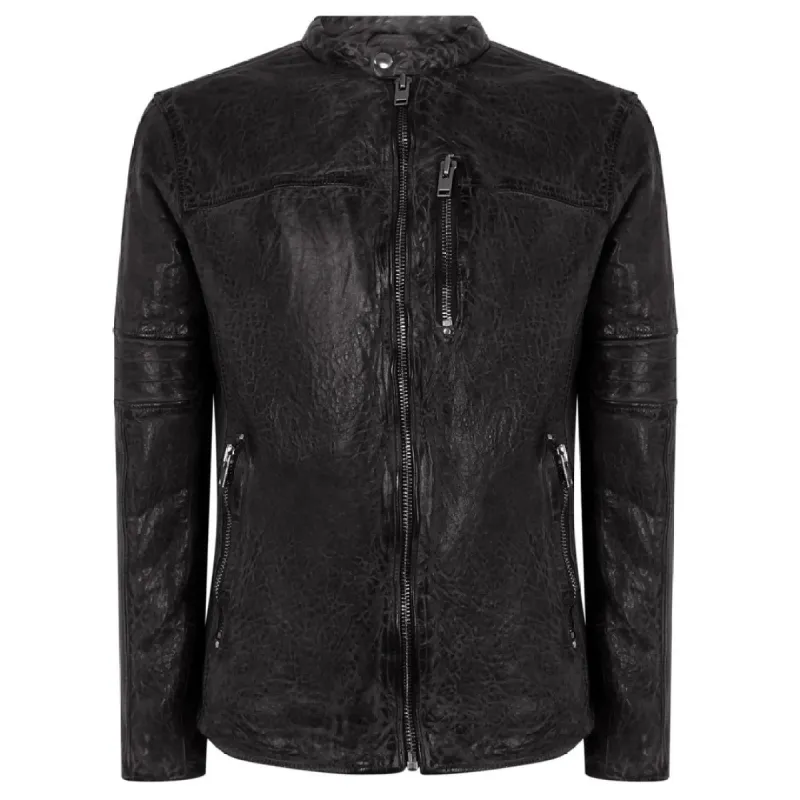 Men's Fitted Navy Tan Washed Leather Jacket Nehru Grandad Collar sold by Tru Clothing