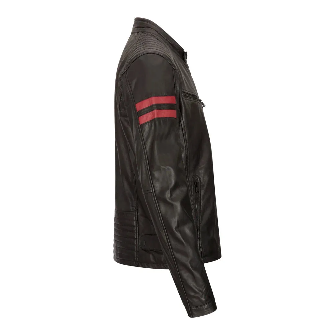 Men's Leather Biker Racing Jacket Red Stripes Zip Black Short sold by Tru Clothing product image thumbnail 3
