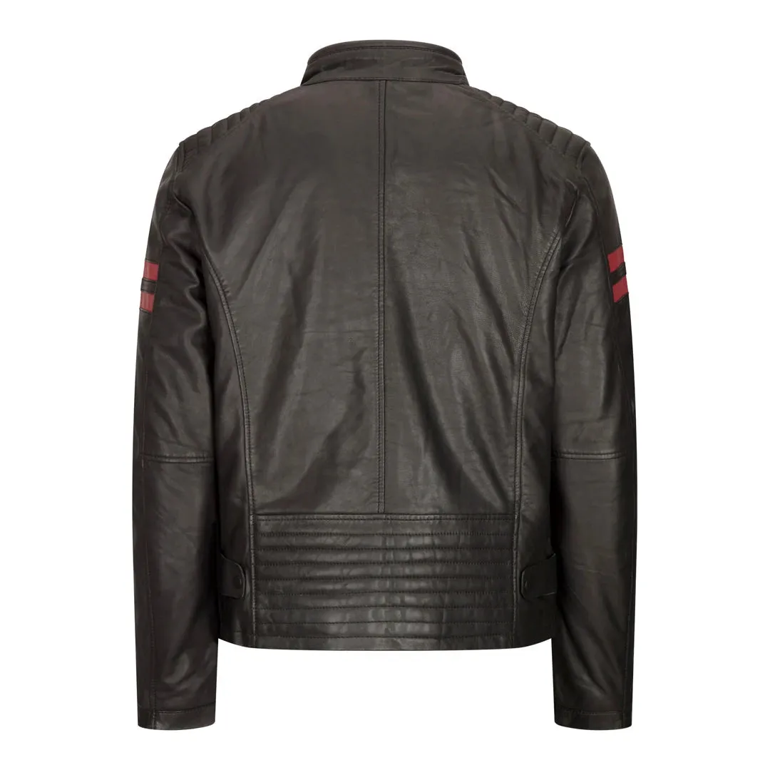 Men's Leather Biker Racing Jacket Red Stripes Zip Black Short sold by Tru Clothing product image thumbnail 5