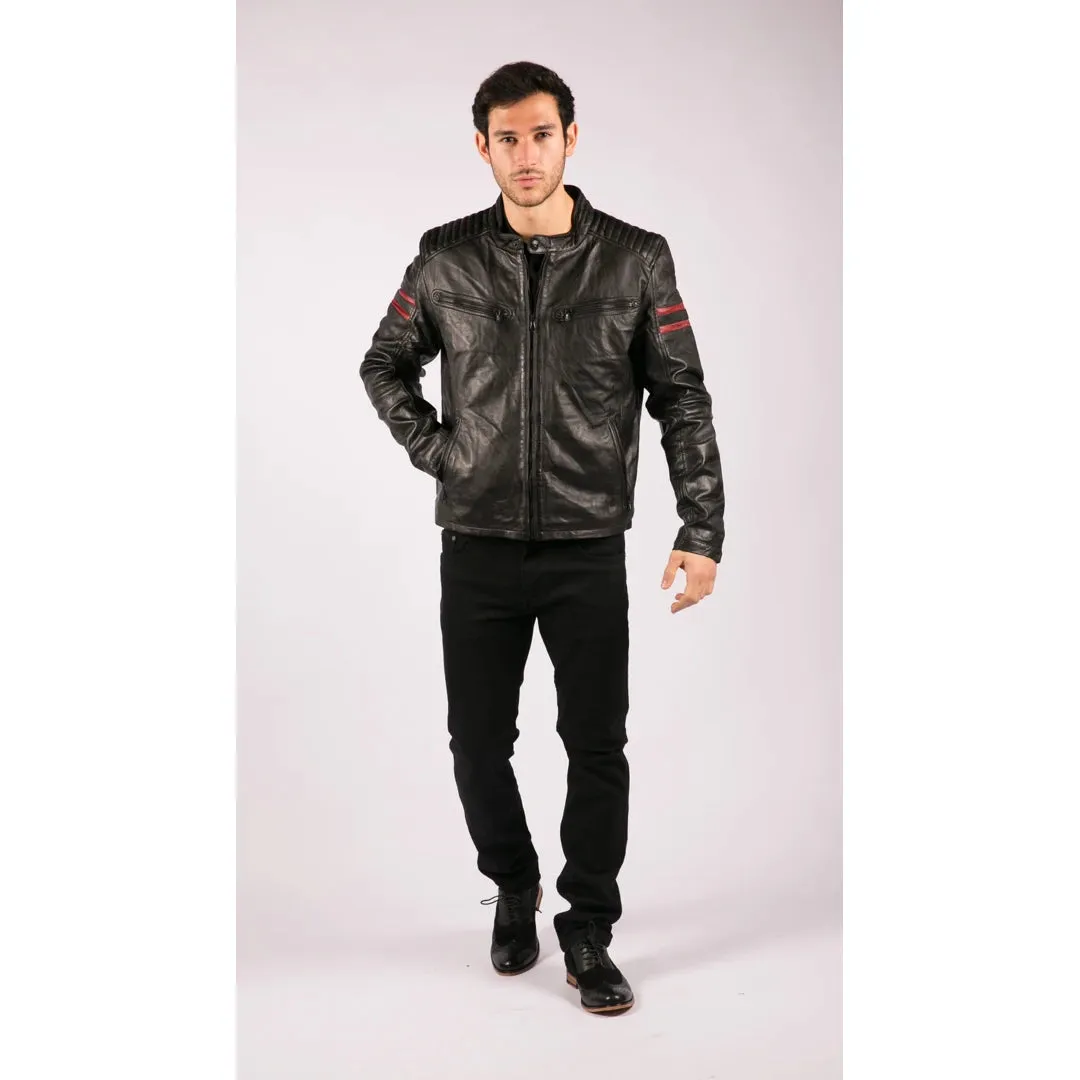 Men's Leather Biker Racing Jacket Red Stripes Zip Black Short sold by Tru Clothing product image thumbnail 2