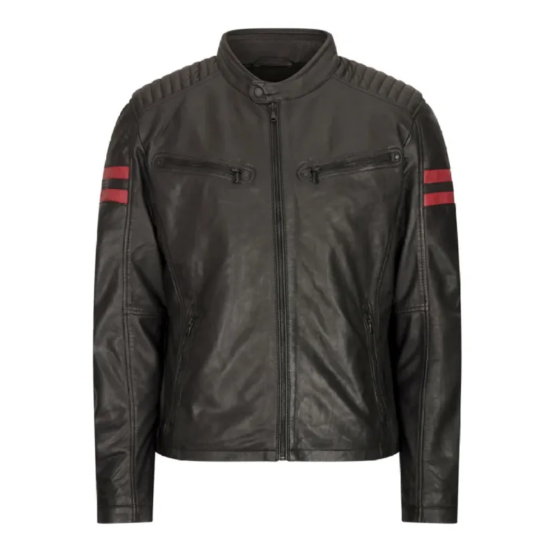 Men's Leather Biker Racing Jacket Red Stripes Zip Black Short sold by Tru Clothing