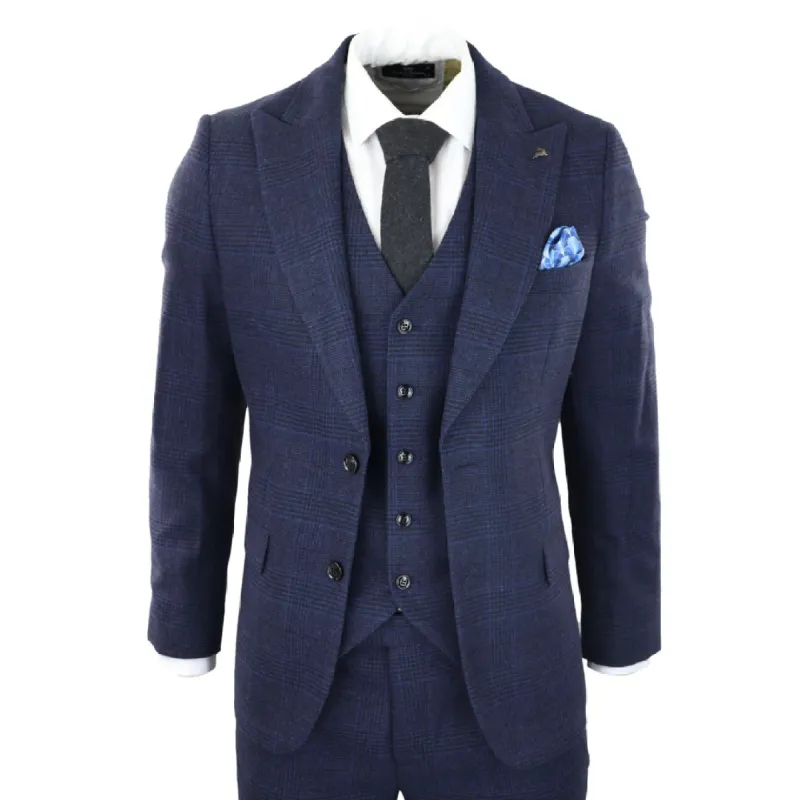 Men's Tweed Wool Check Suit 3 Piece Classic Navy Black sold by Tru Clothing