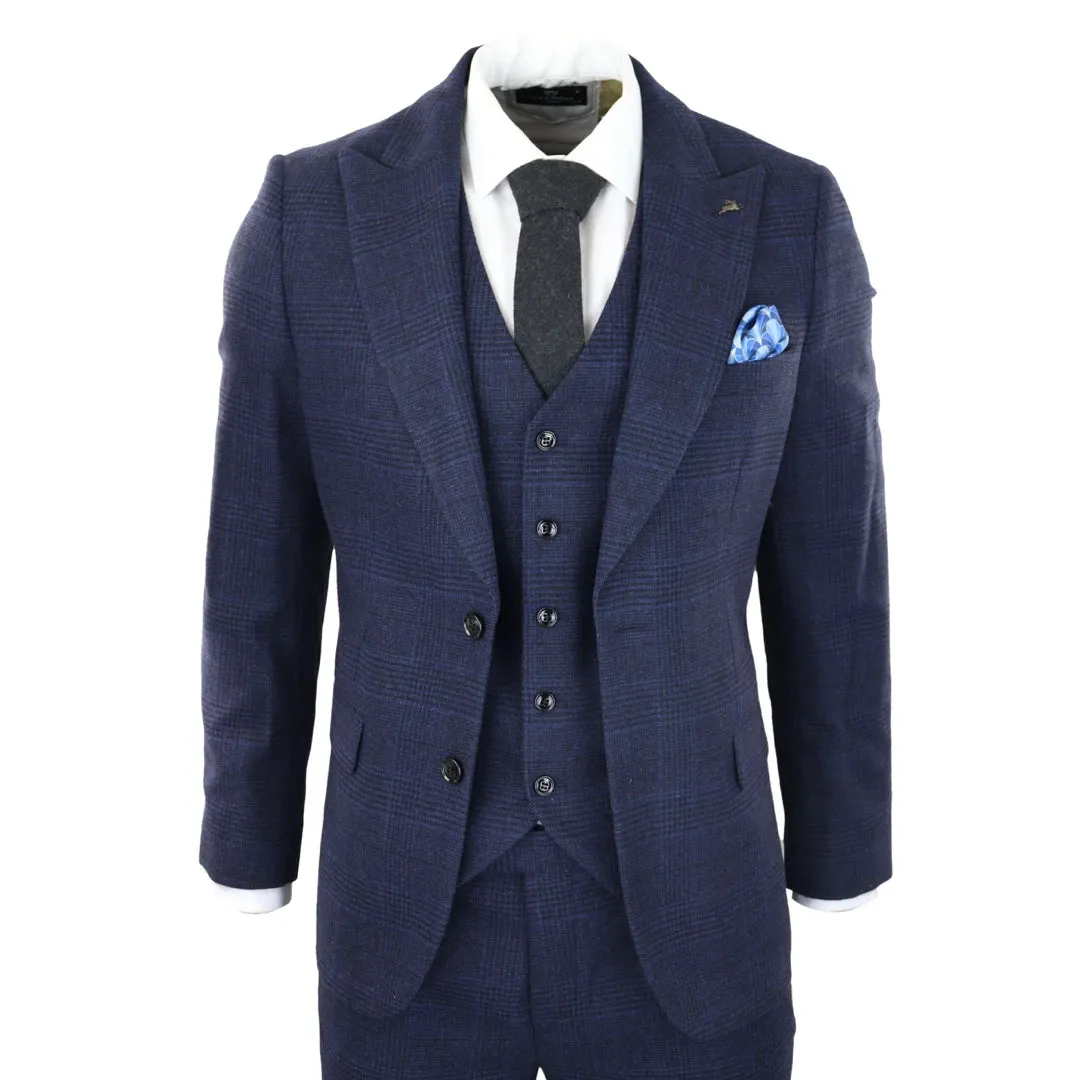 Men's Tweed Wool Check Suit 3 Piece Classic Navy Black sold by Tru Clothing