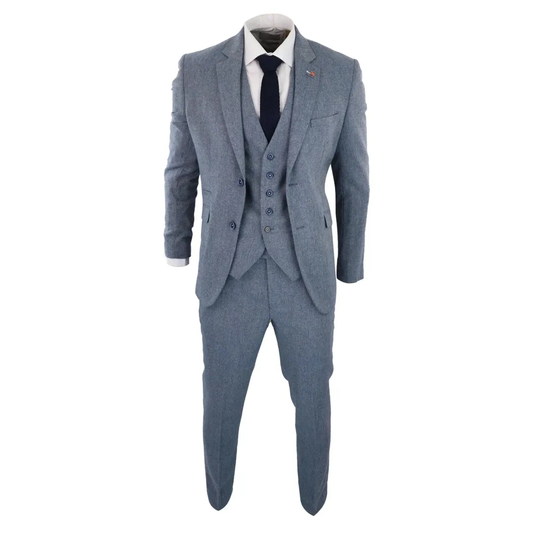 Wells - Men's Boys 3 Piece Wool Suit Light Blue Tweed 1920s Classic 4 Pocket Waistcoat sold by Tru Clothing product image thumbnail 2