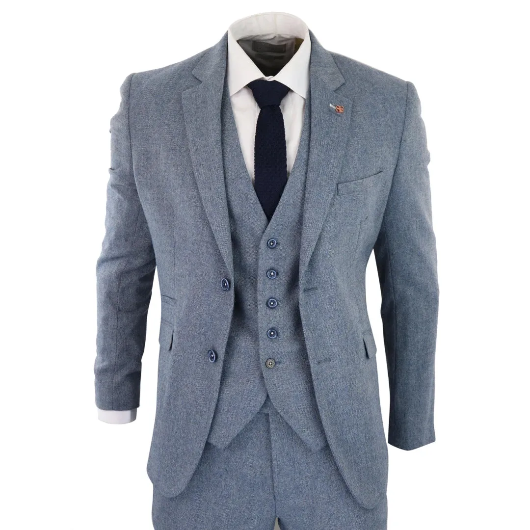 Wells - Men's Boys 3 Piece Wool Suit Light Blue Tweed 1920s Classic 4 Pocket Waistcoat sold by Tru Clothing