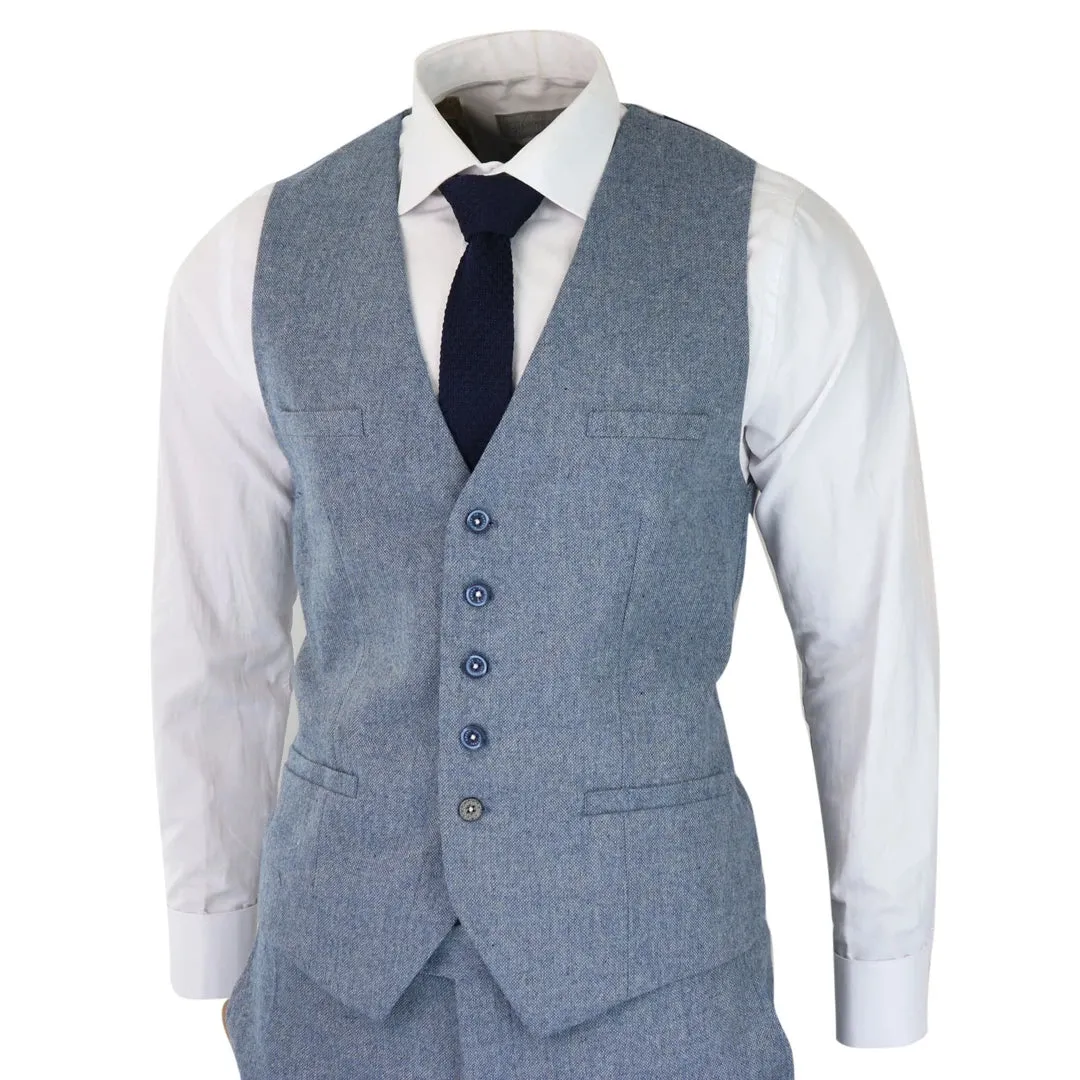 Wells - Men's Boys 3 Piece Wool Suit Light Blue Tweed 1920s Classic 4 Pocket Waistcoat sold by Tru Clothing product image thumbnail 4