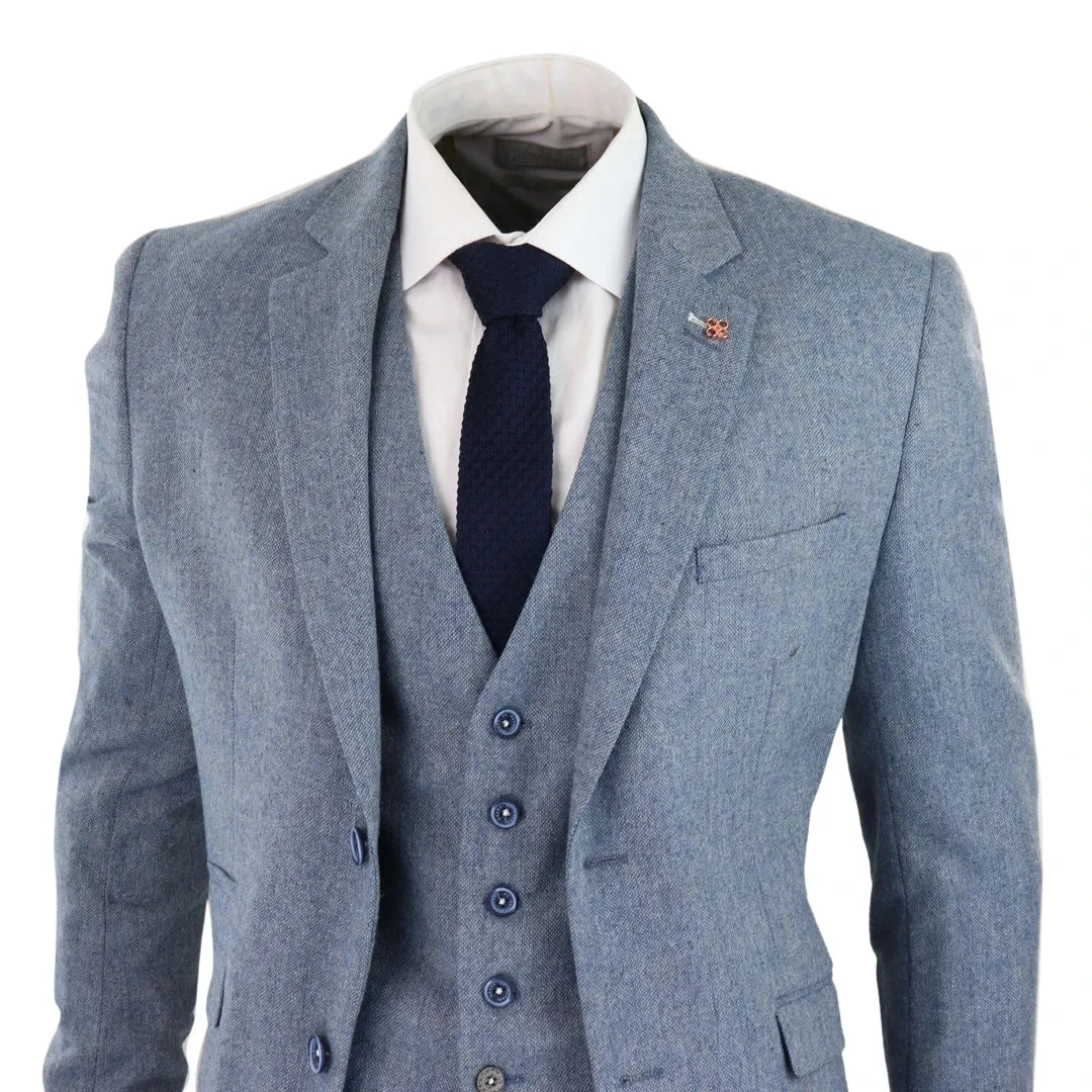 Wells - Men's Boys 3 Piece Wool Suit Light Blue Tweed 1920s Classic 4 Pocket Waistcoat sold by Tru Clothing product image thumbnail 3