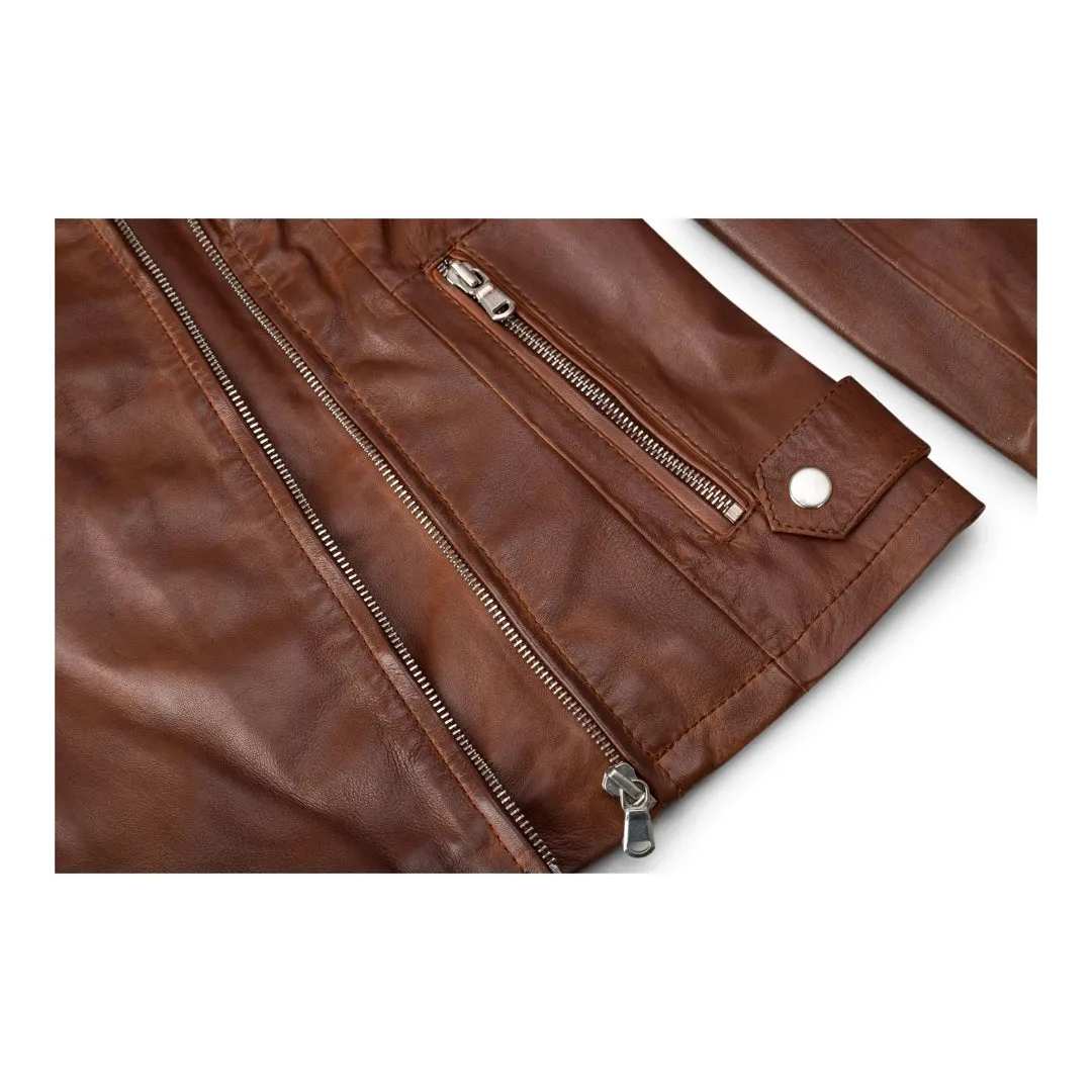 Brando Women's Timber Brown Classic Biker Leather Jacket sold by Tru Clothing product image thumbnail 3