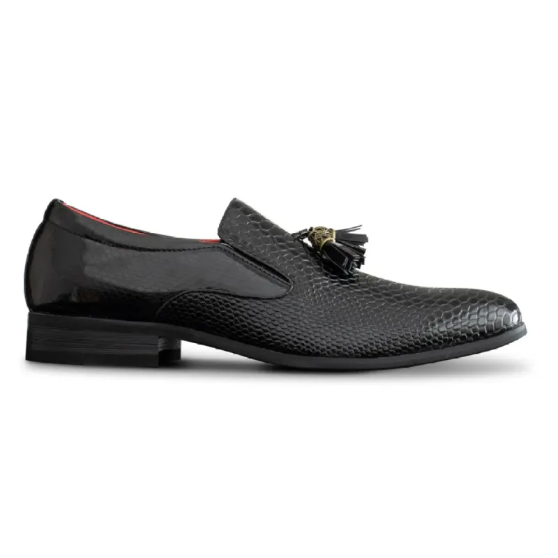 Mens Shoes Slip On Snake PU Leather Black Shiny Patent Tassel Smart Casual sold by Tru Clothing