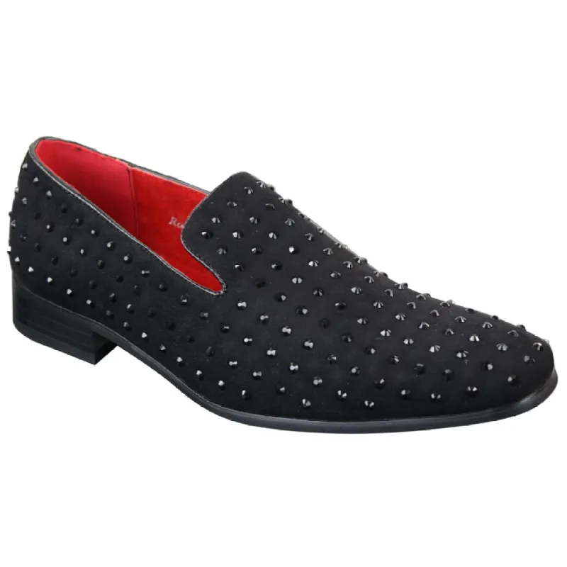 Mens Suede Slip On Loafers Shoes Stud Spikes Silver Smart Casual Shiny Party Black sold by Tru Clothing