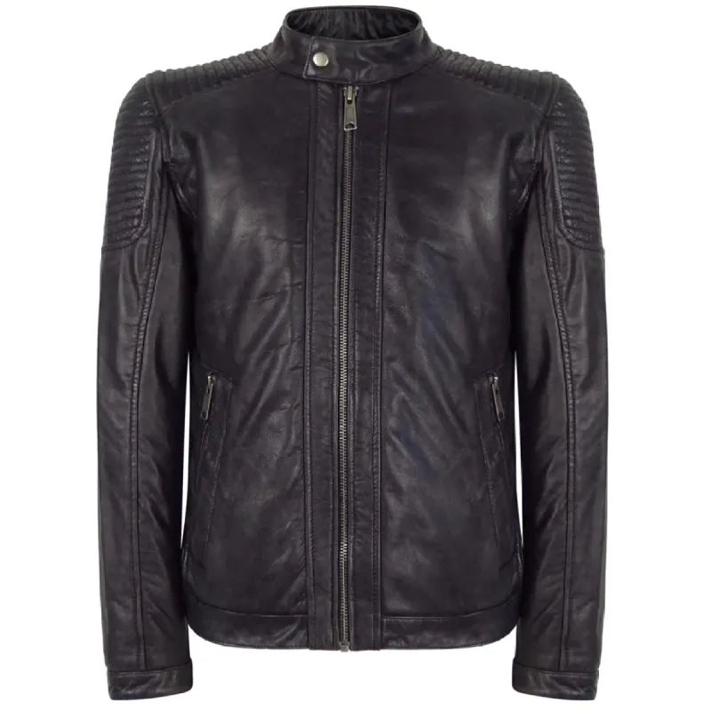 Men's Navy Washed Leather Jacket Nehru Grandad Collar Biker sold by Tru Clothing