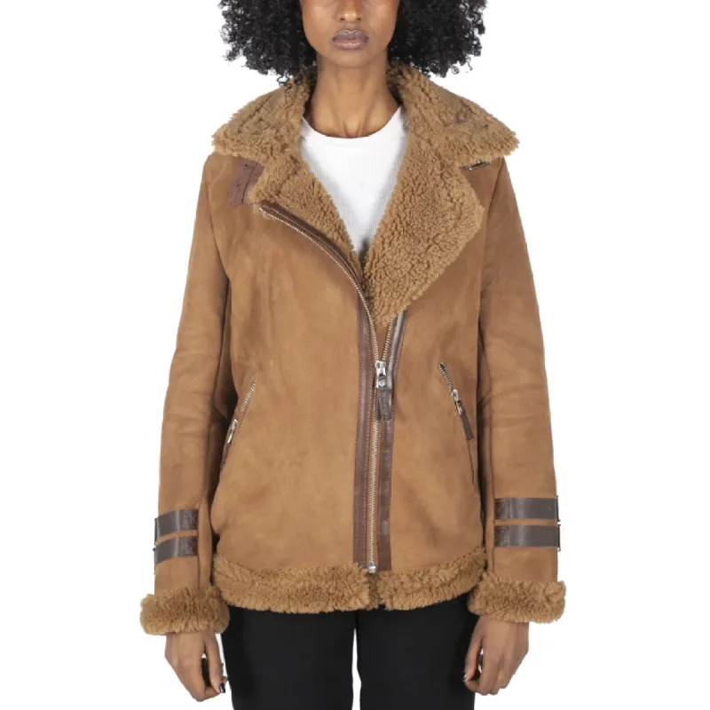 Women's Sheepskin Leather Cross Zip Flying Aviator Jacket Camel Brown Fur sold by Tru Clothing