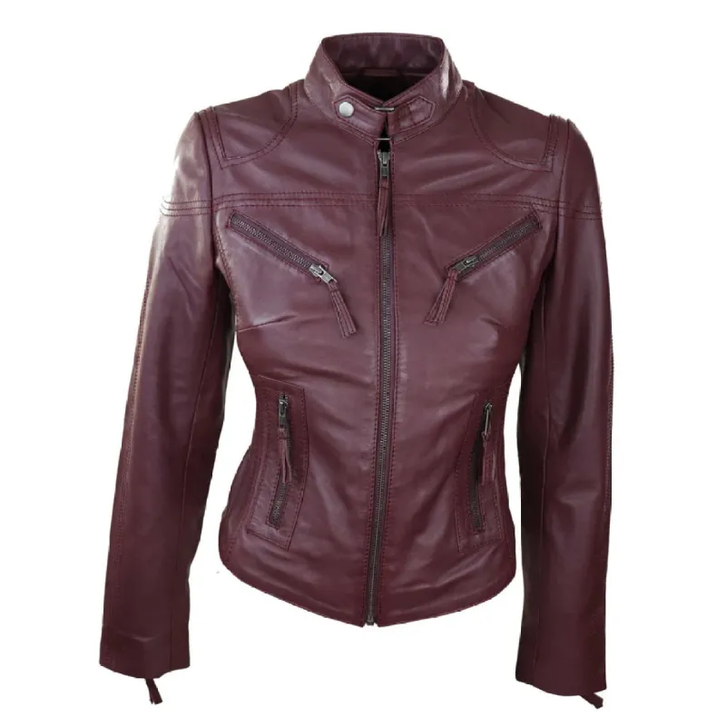 Women's Leather Fitted Biker Burgundy Jacket sold by Tru Clothing