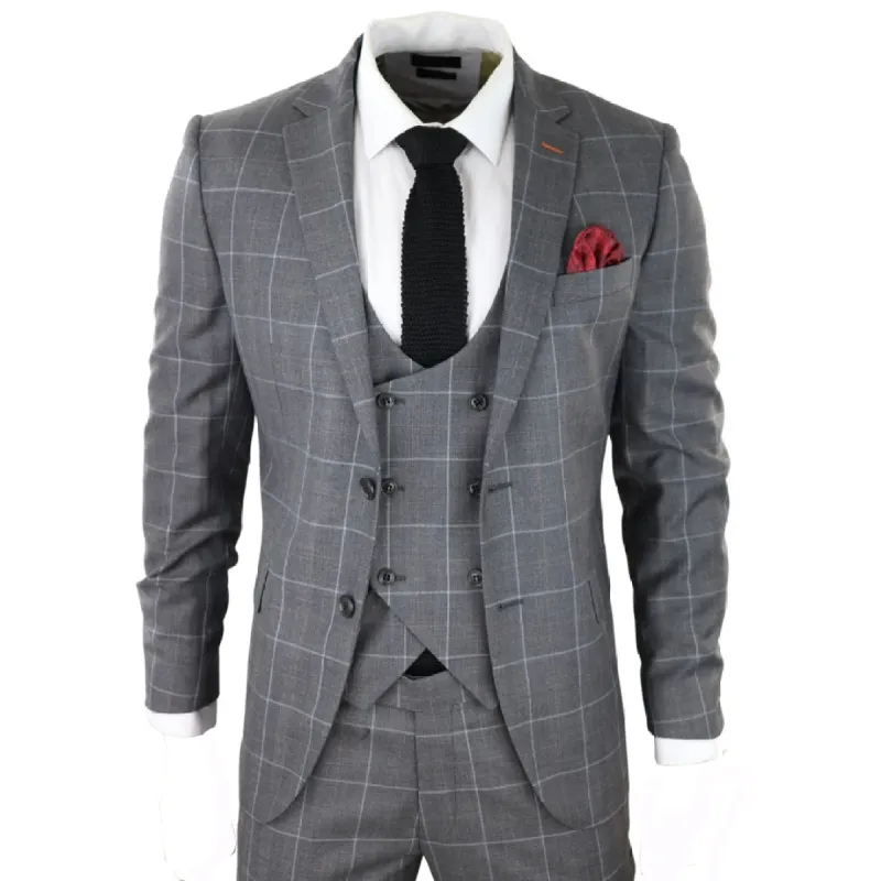 Men's Grey 3 Piece Check Suit Double Breasted Waistcoat Wedding Formal sold by Tru Clothing