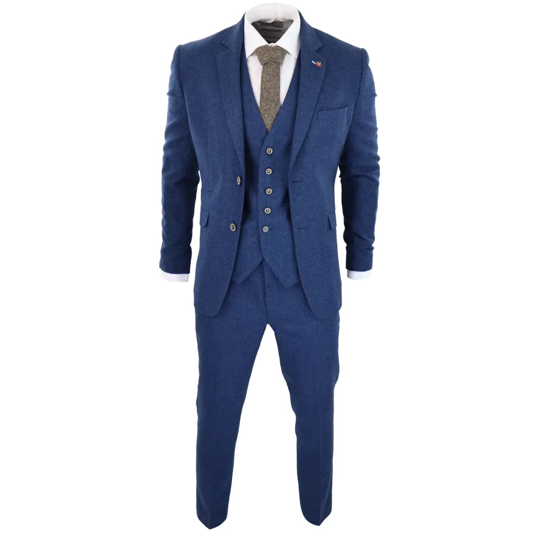 Orson - Men's 3 Piece Wool Suit Blue Tweed 1920s Classic 4 Pocket Waistcoat sold by Tru Clothing product image thumbnail 3