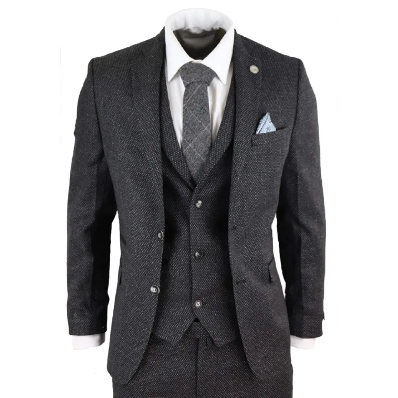 STZ14 - Men's Wool 3 Piece Suit Tweed Charcoal Black Classic sold by Tru Clothing