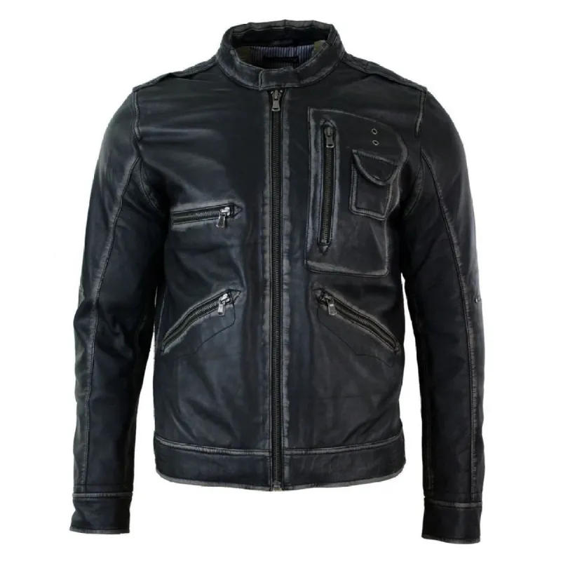 Men's Biker Motorcycle Distressed Brown Bomber Winter Leather Jacket sold by Tru Clothing