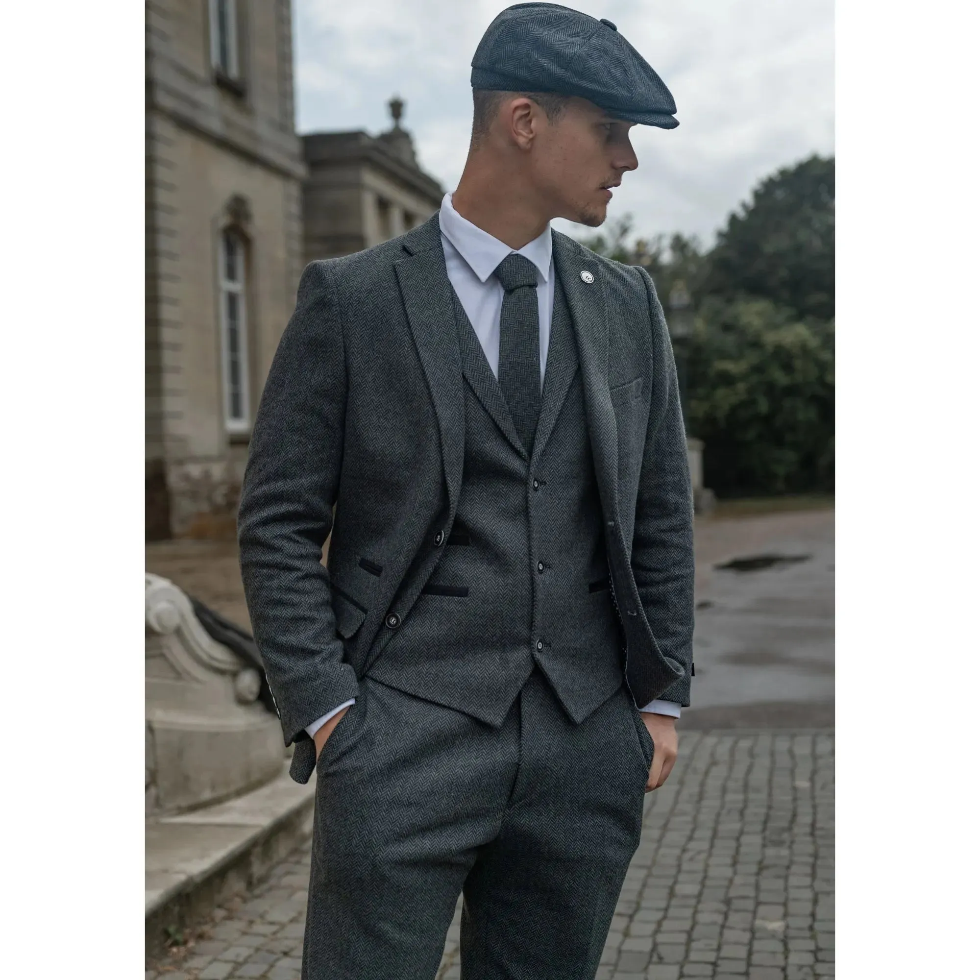 STZ11 - Men's Grey Black 3 Piece Tweed Suit Herringbone Wool sold by Tru Clothing product image thumbnail 2