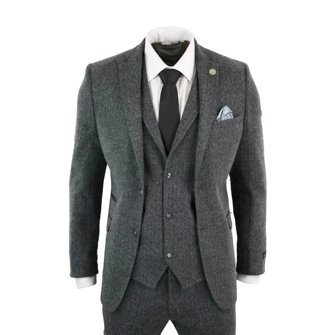 STZ11 - Men's Grey Black 3 Piece Tweed Suit Herringbone Wool sold by Tru Clothing