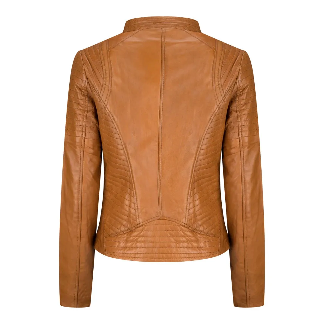 Women's Leather Jacket Short Fitted Bikers Tan Brown Rock sold by Tru Clothing product image thumbnail 5