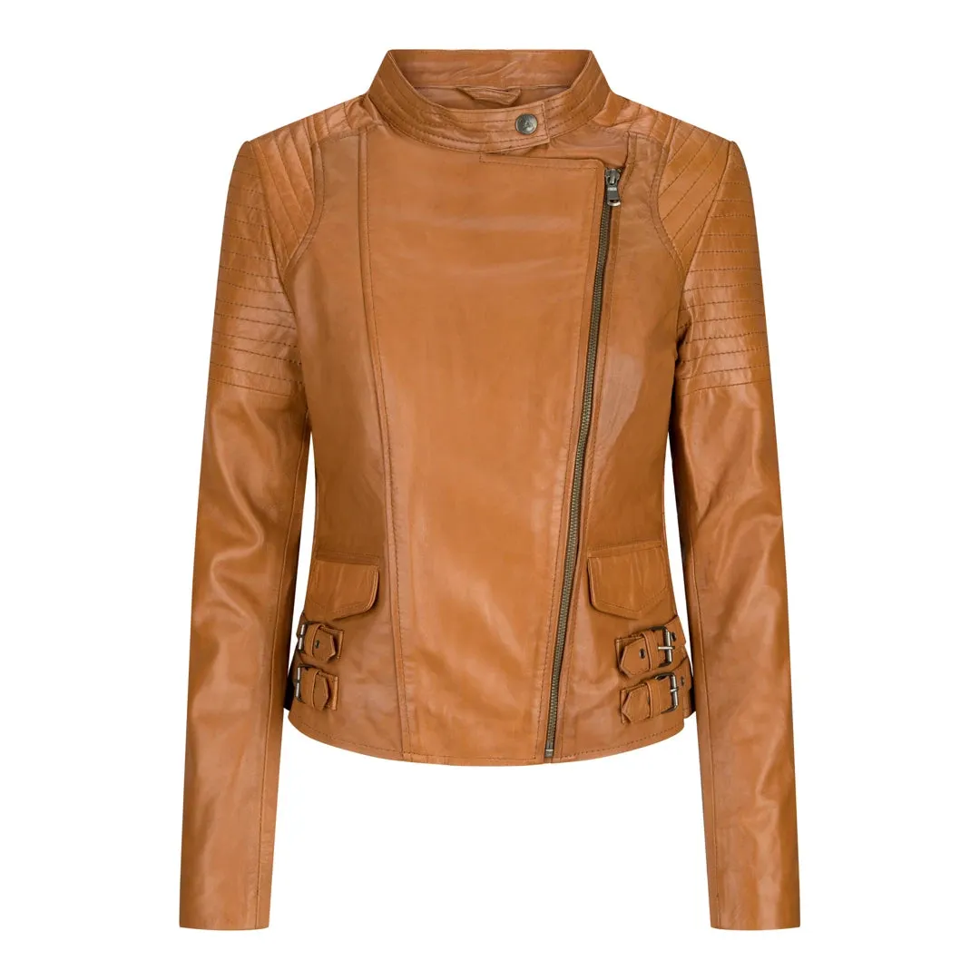Women's Leather Jacket Short Fitted Bikers Tan Brown Rock sold by Tru Clothing