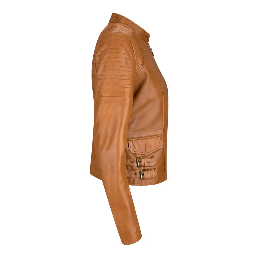 Women's Leather Jacket Short Fitted Bikers Tan Brown Rock sold by Tru Clothing product image thumbnail 2