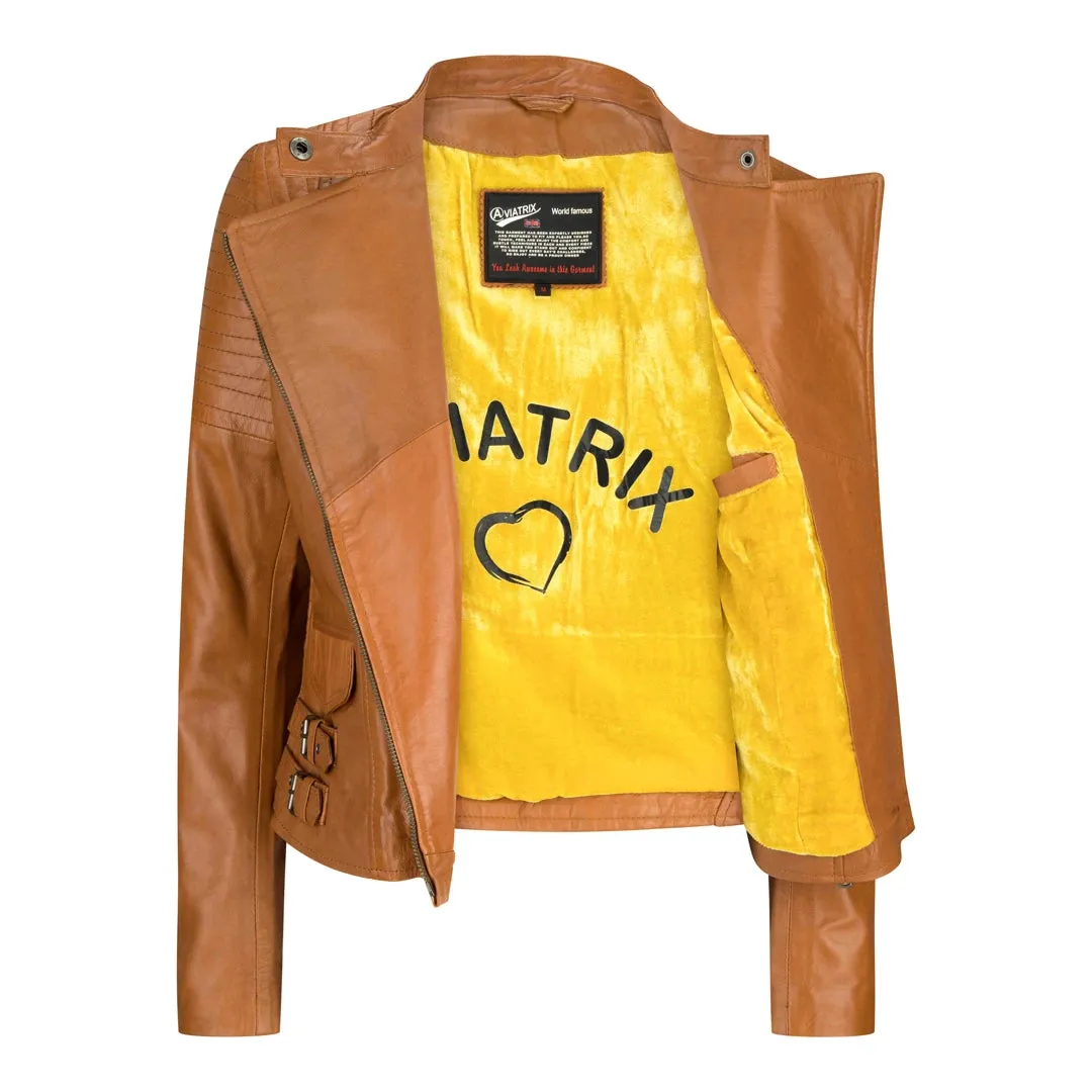 Women's Leather Jacket Short Fitted Bikers Tan Brown Rock sold by Tru Clothing product image thumbnail 3