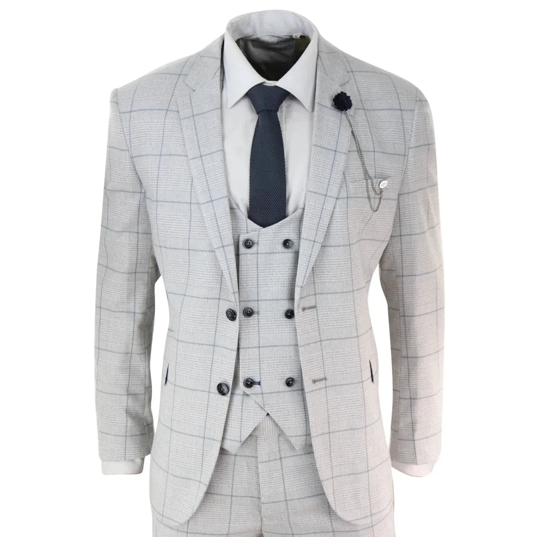 Radika - Men's Light Grey Check 3 Piece Suit Double Breasted Waistcoat sold by Tru Clothing