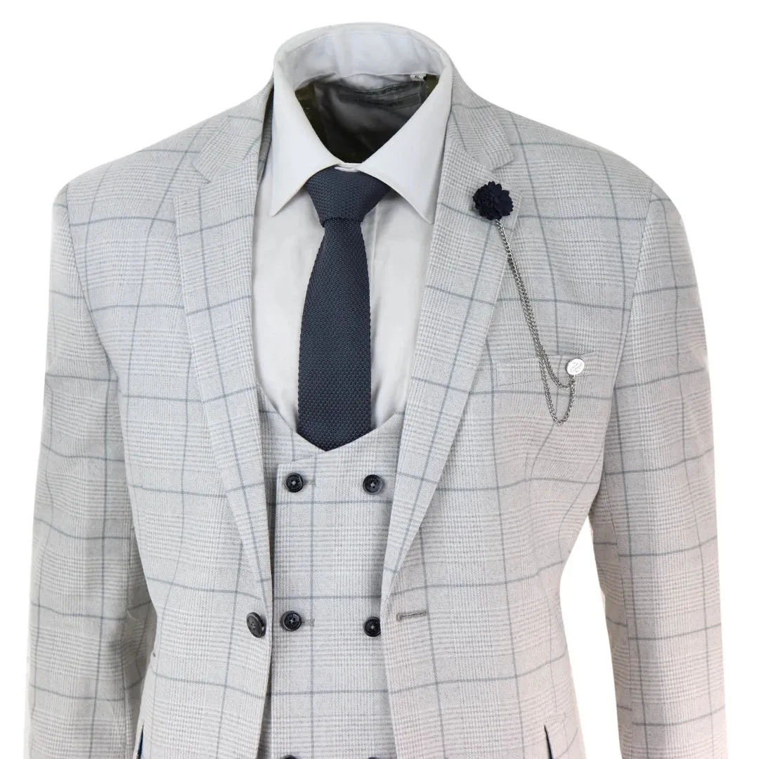 Radika - Men's Light Grey Check 3 Piece Suit Double Breasted Waistcoat sold by Tru Clothing product image thumbnail 5