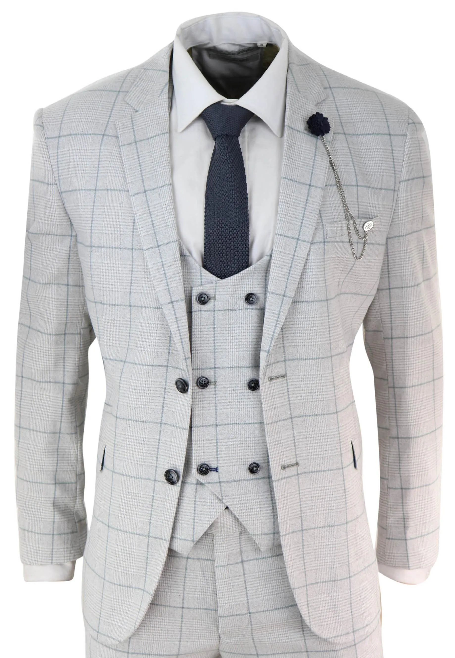 Radika - Men's Light Grey Check 3 Piece Suit Double Breasted Waistcoat sold by Tru Clothing product image thumbnail 3