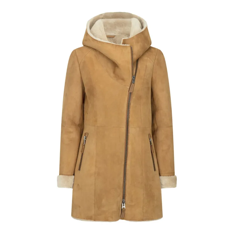 Women's 3/4 Mid Length Sheepskin Camel Cream Toscana Suede Hood Coat sold by Tru Clothing