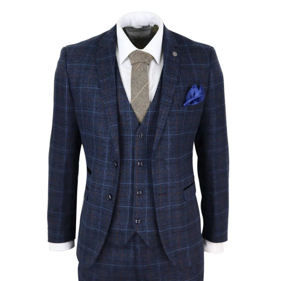 Harvey - Men's Navy Blue Tweed Check 3 Piece Wedding Suit sold by Tru Clothing