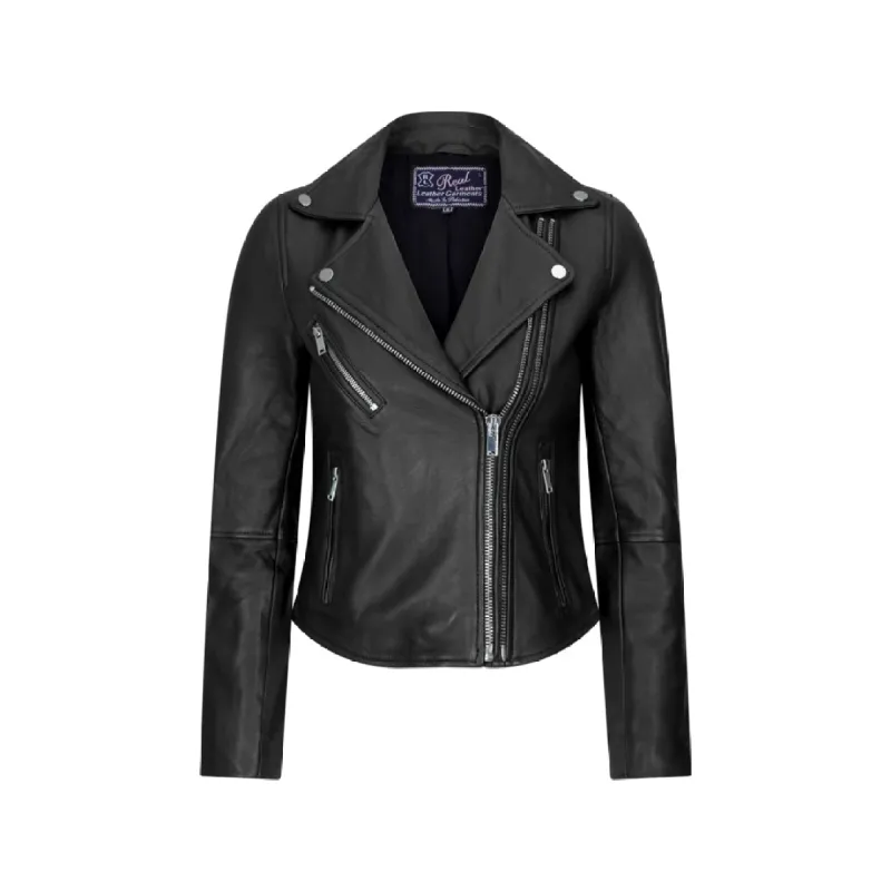 Women's Cross Zip Biker Leather Jacket Brando Red Black Motorcycle sold by Tru Clothing