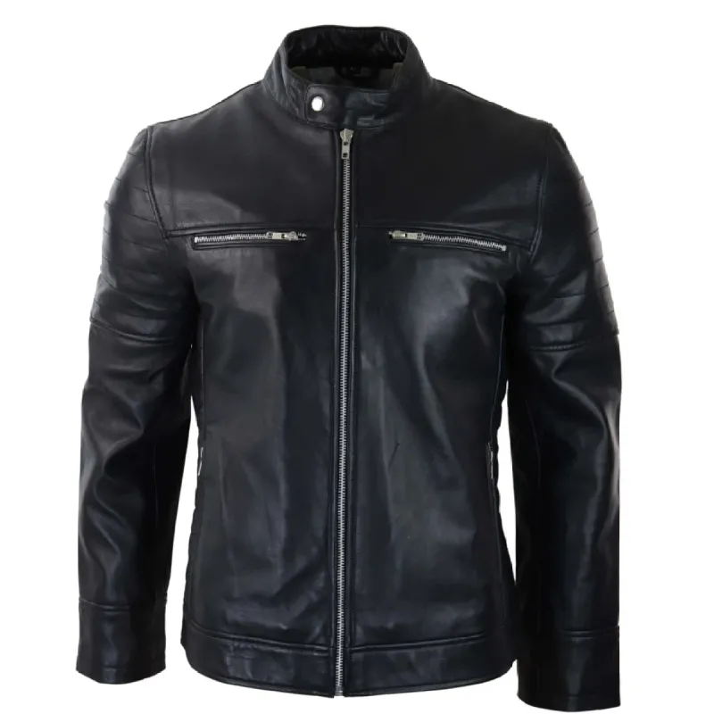 Men's Black Leather Jacket Short Zipped Biker Classic sold by Tru Clothing