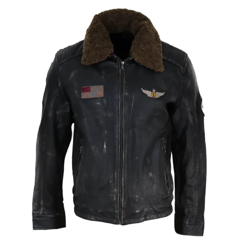 Men's Black Brown Zip Flying Aviator Jacket Fur Collar Badge Pilot sold by Tru Clothing