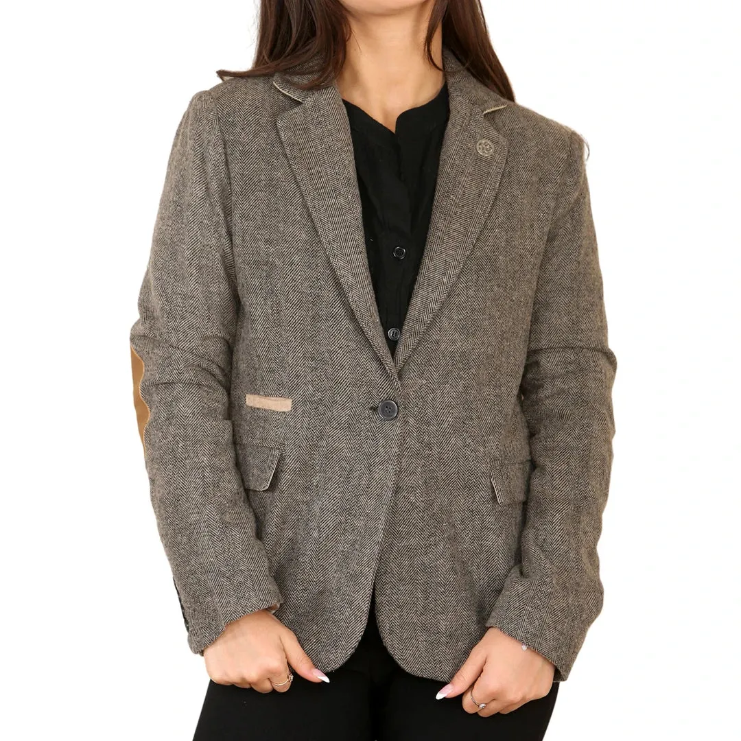 Women's Herringbone Tweed Waistcoat Blazer Oak Brown Classic Jacket sold by Tru Clothing