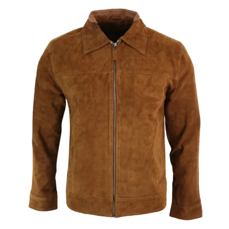 Men's Suede Leather Classic Zip Jacket Camel Turn Down Collar sold by Tru Clothing