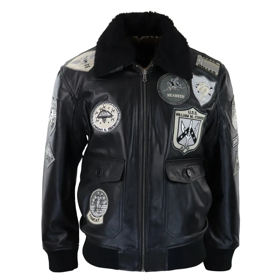 Men's Full Black Grey Topgun Maverick Jacket Pilot Bomber US Badges Black Fur Tom Cat sold by Tru Clothing