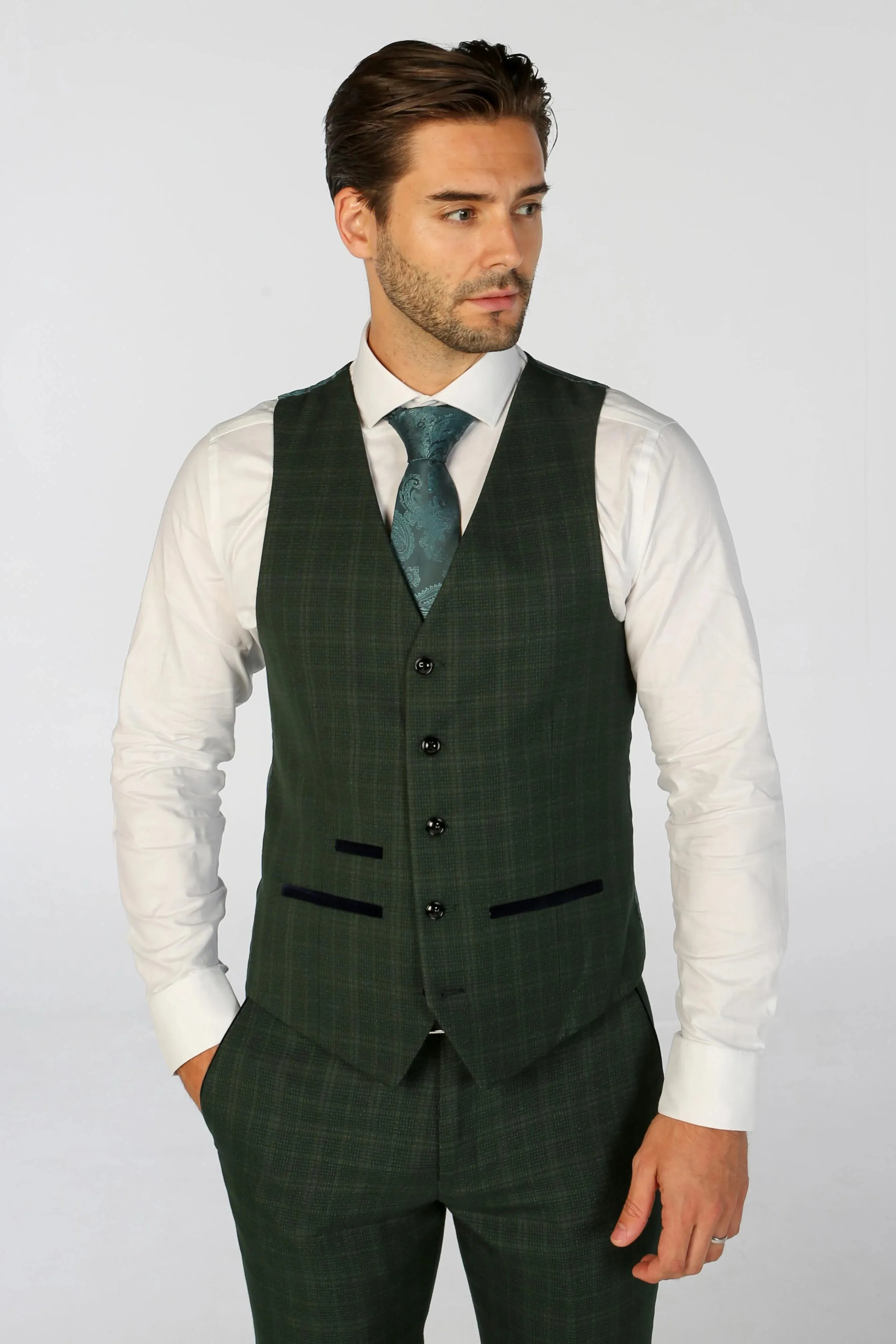 Leo - Men's Green Checked Tailored Fit Waistcoat sold by Tru Clothing